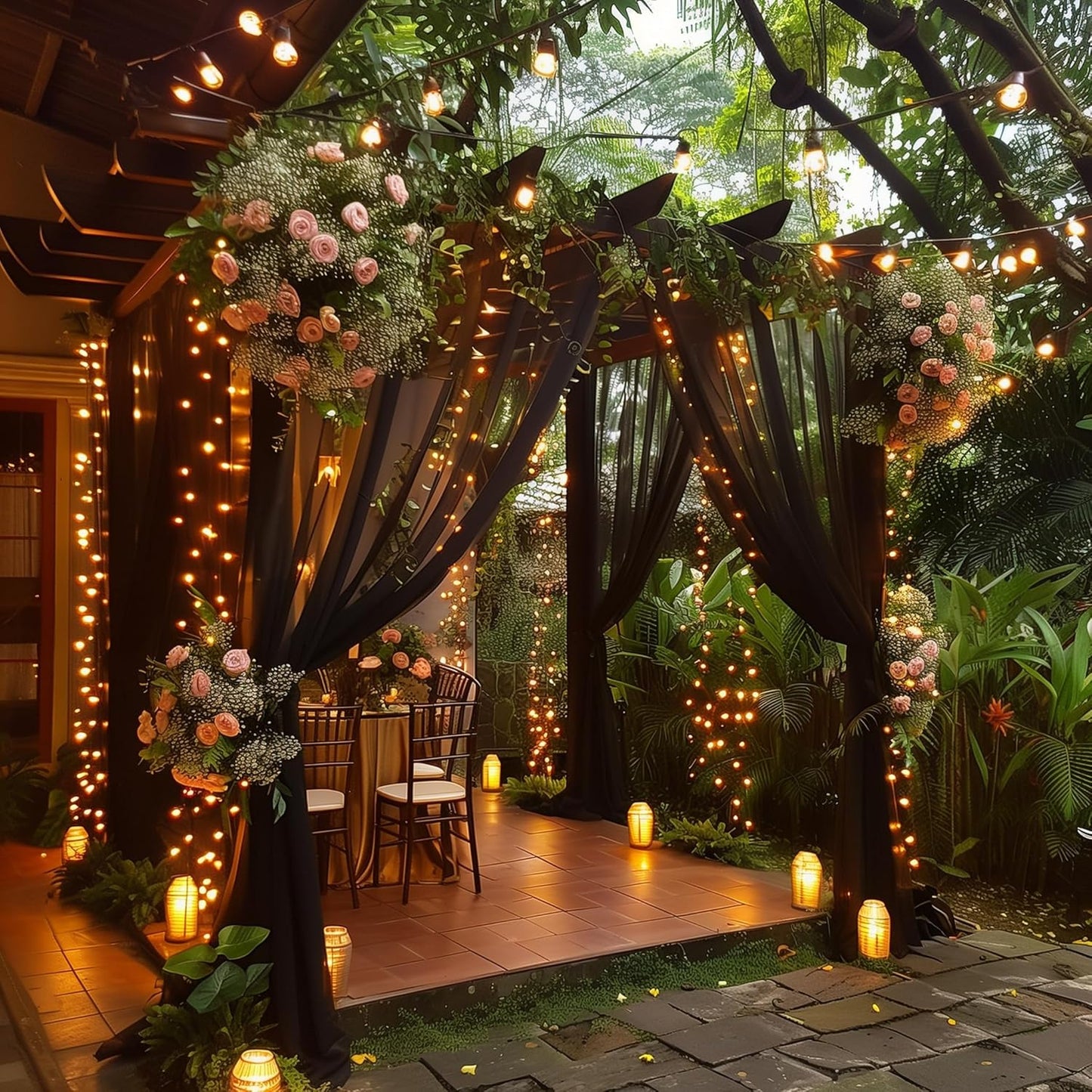 Fomcet Black Tulle Backdrop Curtains with Lights String 10FT X 10FT Sheer Curtains with Lights Tulle Curtain Backdrop for Wedding Birthday Party Photo Shoot (2 Panels 5x10FT)