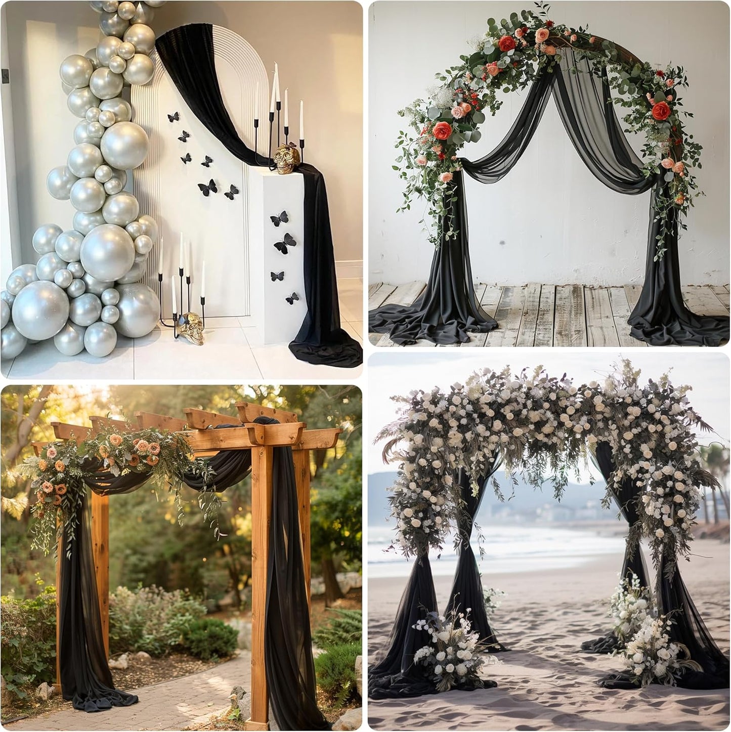 Wedding Arch Draping Fabric 3 Panels 28.7" x 20FT Black Sheer Chiffon Backdrop Drapes for Wedding Ceremony Birthday Party Bridal Shower Outdoor Decoration