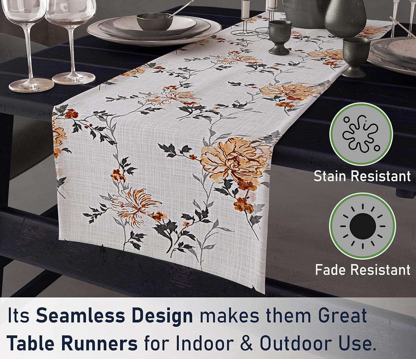 Ruvanti 100% Cotton Table Runner 72 Inches Long, Non-Slip, Stain Resistant, Washable & Reusable Table Runners Perfect for Wedding, Parties, Christmas, Holiday, in-Door use - Grey Floral