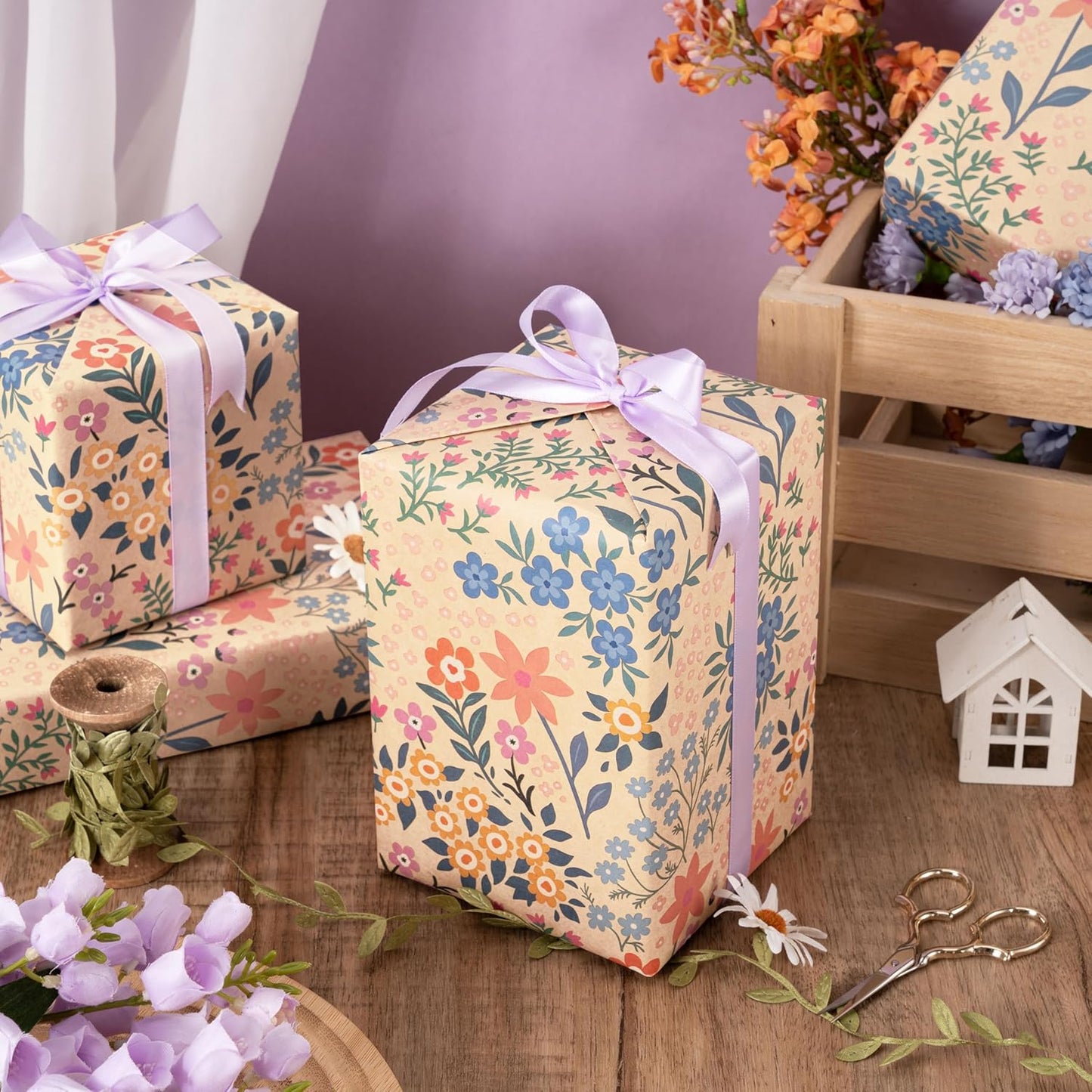 RUSPEPA Kraft Floral Wrapping Paper Roll for Girls Women, Mini Roll, Garden Flower Design, Wildflower Kraft Gift Wrap for Birthday, Spring, Summer, Mother's Day, Bridal Shower, 17 Inches x 9.8 Feet