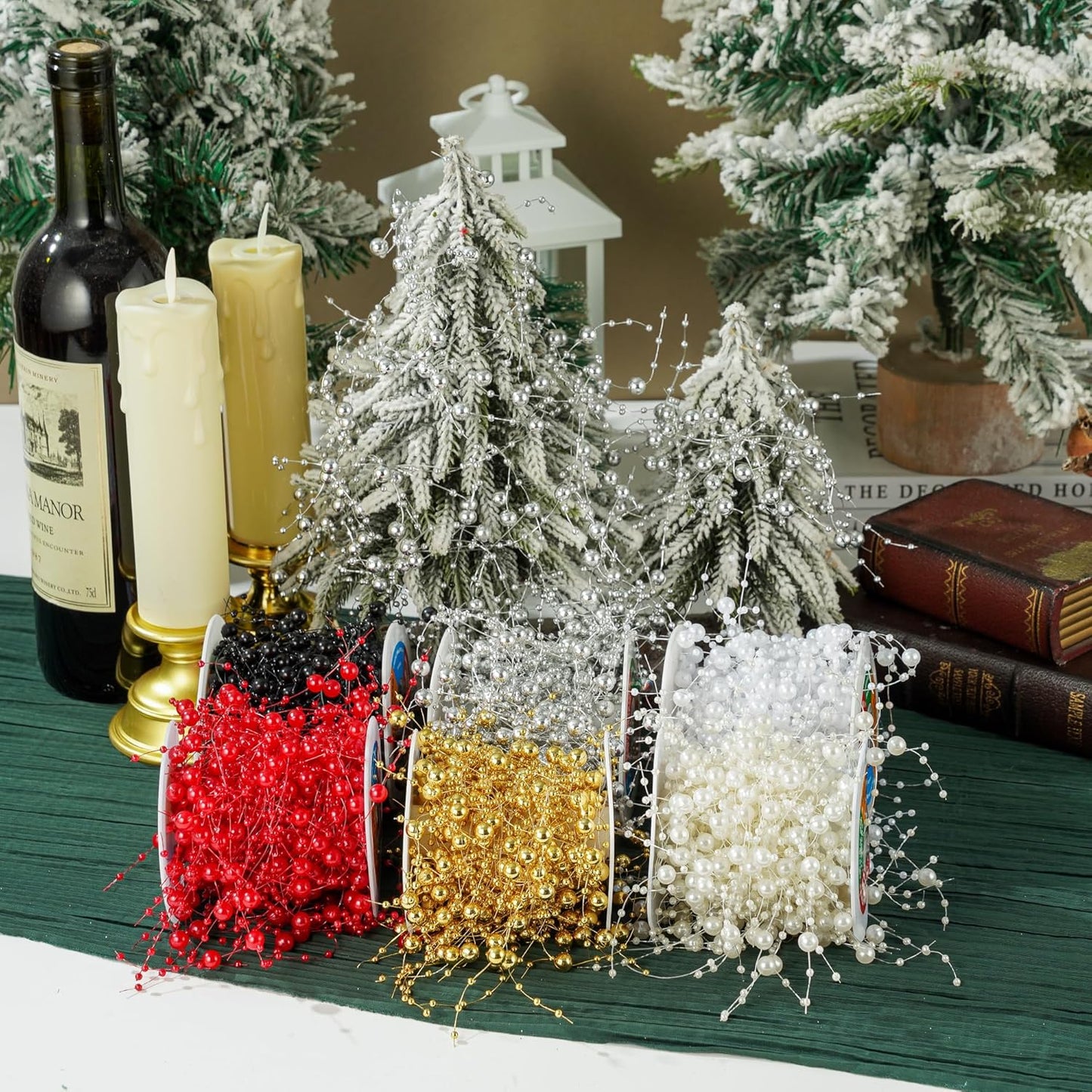 13Feet Pearl String Spool Roll for Floating Candles Faux Pearls Strands Garland for Vase Filler Wedding Centerpiece Christmas Table Decor (White)