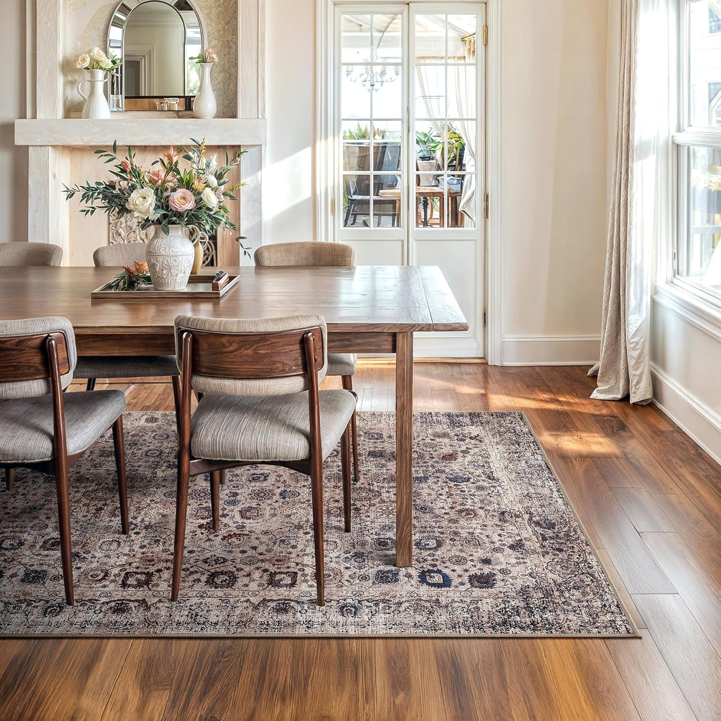 Bloom Rugs Washable Non-Slip 6' x 9' Rug - Light Tan/Blue Traditional Oriental Area Rug for Living Room, Bedroom, Dining Room, and Kitchen - Exact Size: 6' x 9'