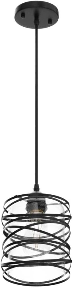 Modern Mini Pendant Light Fixture Kitchen Island Pendant Lighting 6.30''Matte Black Spiral Cage Handblown Clear Seeded Glass Shade Hanging Lamp Adjustable Cord for Dining Room 1-Pack,E26