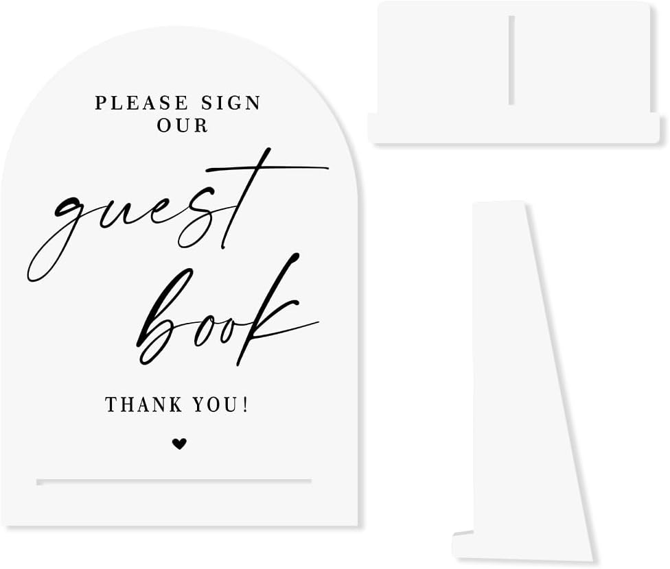 White Acrylic Guest Book Sign, Please Sign Our Guestbook Sign with Stand- 8x11 Inch Modern Calligraphy Arch Diagonal Acrylic Sign for Wedding Reception, Wedding Decoration Sign-bs-hlp05