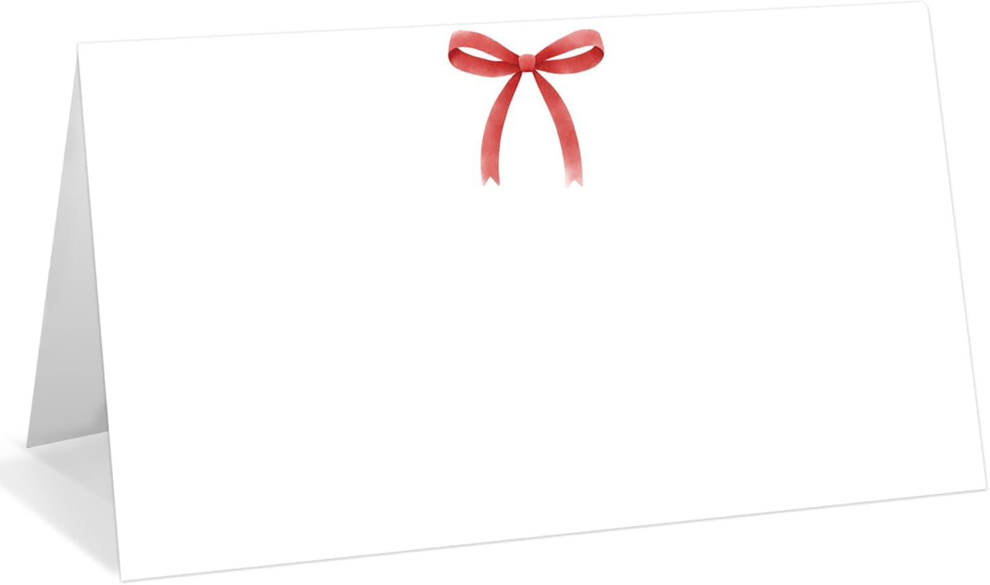 25 Pack Red Bow Place Cards, Editable Name Cards for Table Setting, Cute Tent Cards Food Label for Dinner Party, Bridal Shower, Wedding, Baby Shower and Events -T33