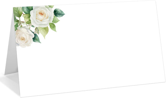 25 Pack White Flower Place Cards, Editable Name Cards for Table Setting, Tent Cards Food Label for Dinner Party, Bridal Shower, Wedding, Baby Shower and Events -T09