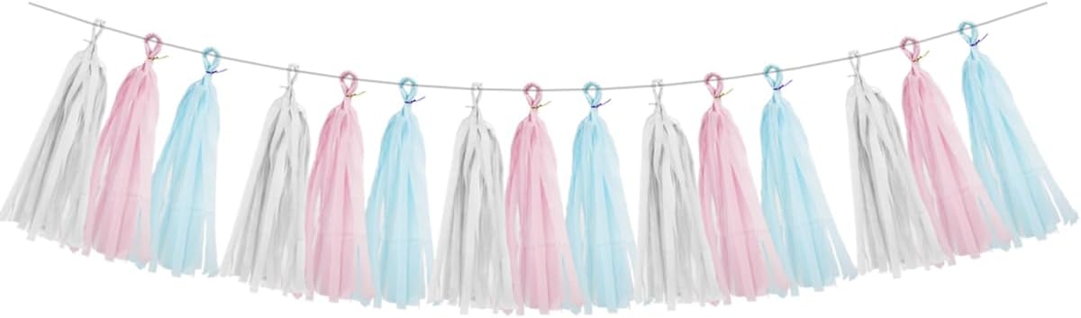 Gender Reveal Decorations Blue Pink - 15pcs Tissue Paper Tassel Garland Baby Gender Reveal Party Supplies Gender Reveal Theme Decor Gold Birthday Hanging Decor Ideas HongTongTong