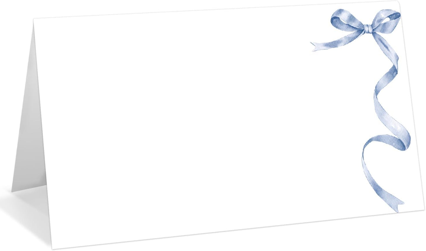 25 Pack Blue Bow Place Cards, Editable Name Cards for Table Setting, Tent Cards Food Label for Dinner Party, Bridal Shower, Wedding, Baby Shower and Events -T27