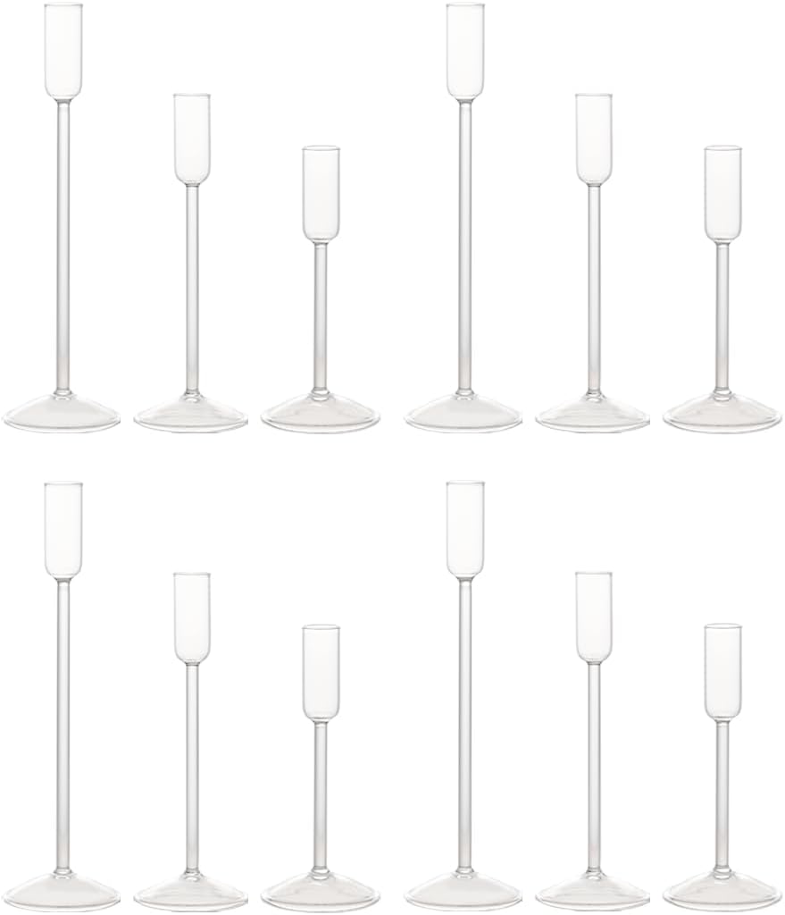 Candle Holder, Glass Taper Candle Tall Candlestick Holder, 3 Different Heights, for Table Centerpiece, Wedding, Party, Clear, 12pcs