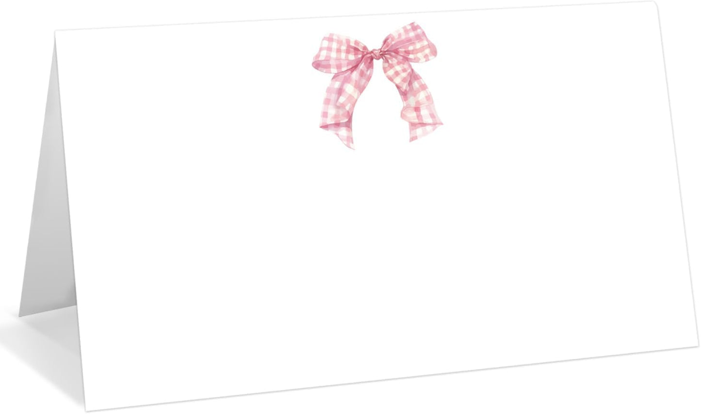 25 Pack Pink Plaid Bow Place Cards, Editable Name Cards for Table Setting, Tent Cards Food Label for Dinner Party, Bridal Shower, Wedding, Baby Shower and Events -T30