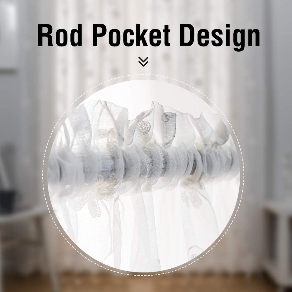 Sheer Curtains White 95 Inches Embroidered Floral, Window Treatments Rod Pocket Drapes for Living room, Bedroom, Semi Crinkle Voile Curtain Panels for Yard, Patio, Villa, Parlor, Set of 2, 52"x95".