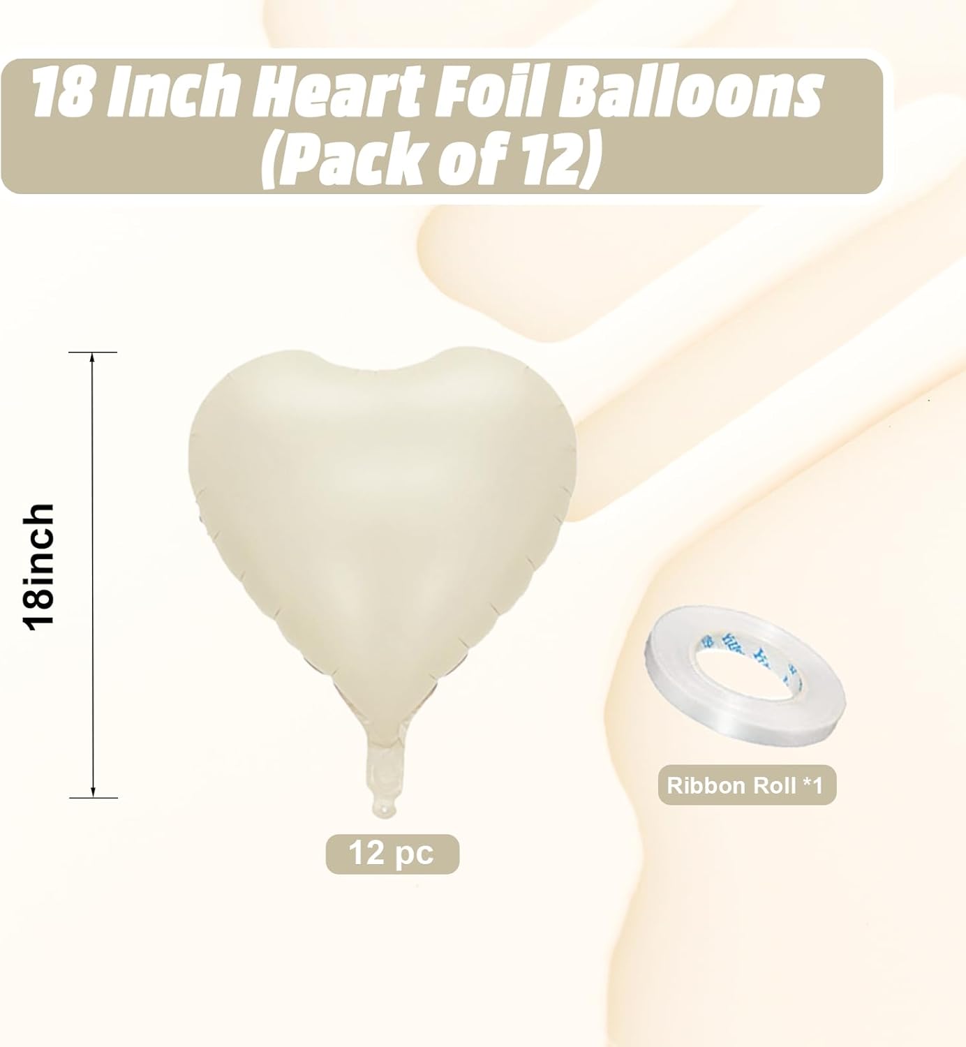 Cream Heart Balloons, 18 Inch Cream White Heart Shape Balloon, 12PCS Large Sand White Helium Foil Heart Romantic Balloon for Girls Birthday Baby Shower Wedding Engagement Anniversary Party Decoration