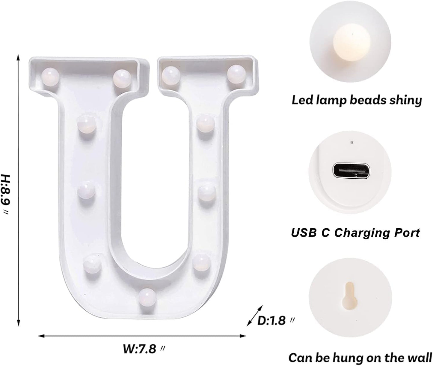 Foaky Rechargeable LED Letter Lights Sign Marquee Light Up Letters Sign for Night Light Wedding/Birthday Party Christmas Lamp Home Bar Decoration (U)