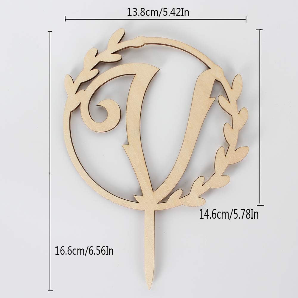 LINGTEER Personalized Inital Letter V Wooden Cake Topper Perfect for Birthday Rustic Wedding Anniversary Party Keepsake Decoration