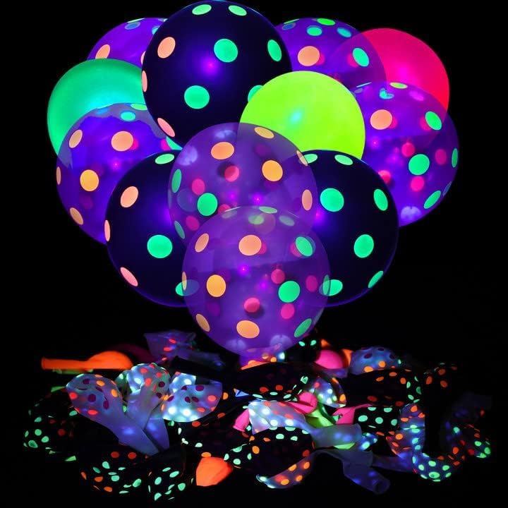90 Pcs UV Neon Balloons,Neon Polka Dot Glow Party Balloons UV Black Light Balloons Glow in the dark for Birthday Decorations Wedding Glow Party Supplies Blacklight Carnival
