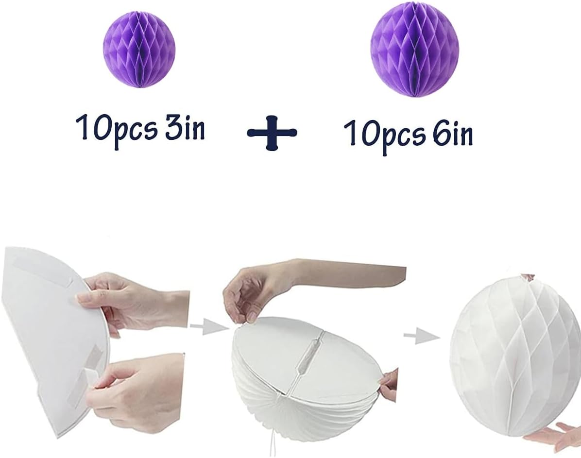 20pcs Honeycomb Balls - Party Decor in Purple (3inch & 6inch, Tissue & Paper Flowers)