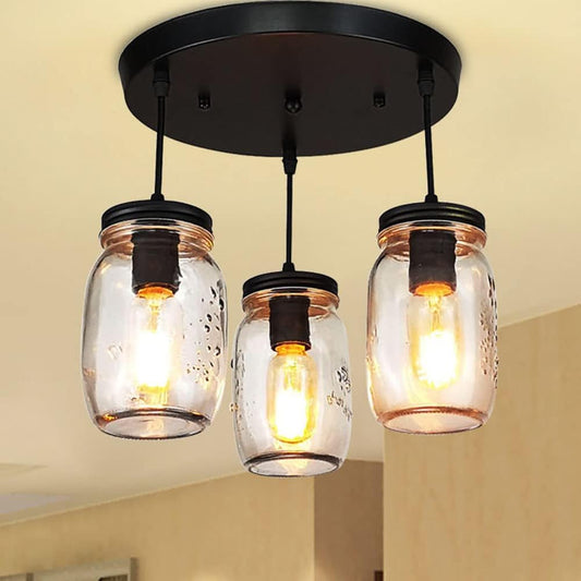 Kitchen Island Light, Adjustable Pendant Lighting,Glass Mason Jar Hanging Lamp (3-Light)