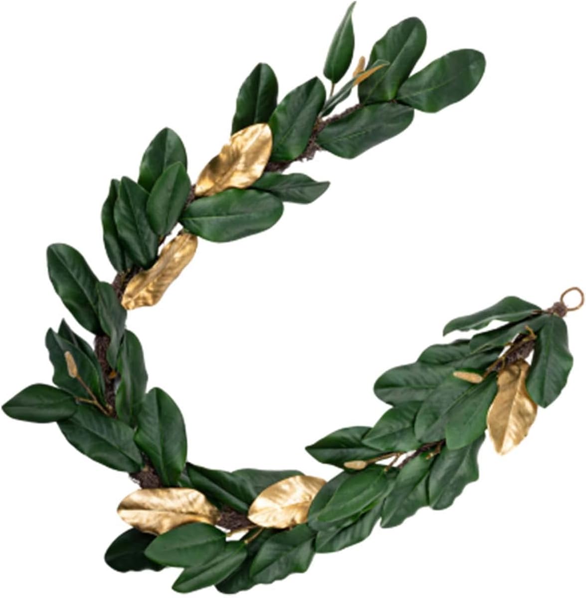 Green & Gold Magnolia Garland, 6ft Magnolia Leaf Christmas, Handmade Magnolia Christmas Decor with Faux Magnolia Leaves, Perfect Garland for Mantle & Holiday Decorations