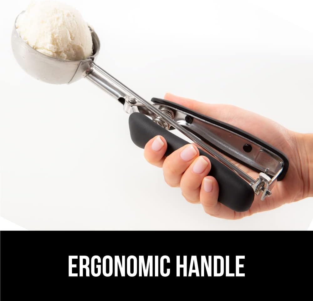 GORILLA GRIP Stainless Steel Multipurpose BPA-Free Spring Scoop, 3 Pack Includes 1, 2, and 3 TBSP SIzes, Melon Ballers Scoops, Perfect Portion Sizes, Easy Squeeze, Clean Release, Black