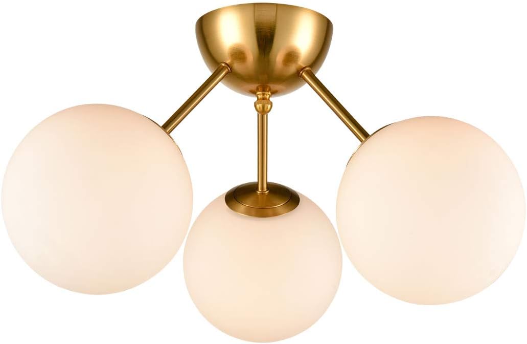 HOLKIRT Classic Mid Century Modern Globe Semi Flush Mount Ceiling Light Sputnik Chandeliers,White Frosted Glass Gold Finished for Living Room Dining Room Bedroom 3- Light