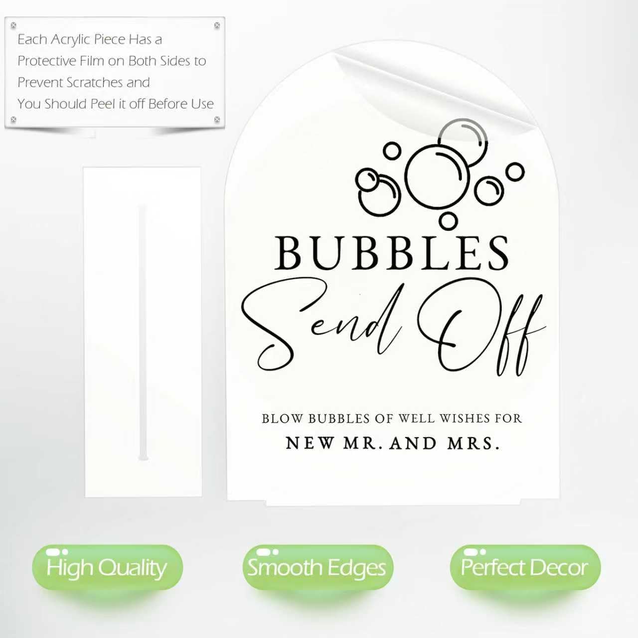 White Arch Acrylic Wedding Sign- 8"x10" Bubbles Send Off Sign and Base,1/8" Thick | Modern Calligraphy Arched Acrylic Signs for Wedding & Party