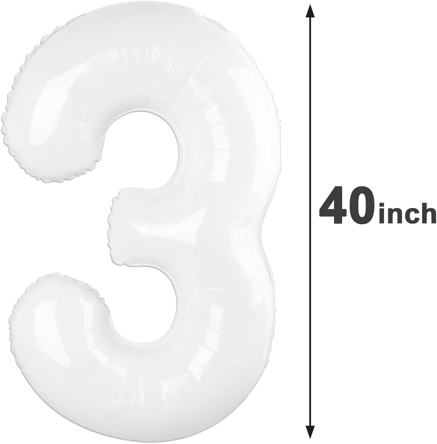 40 Inch White 3 Large Number Balloon, 3 13 23 30 33 36 White Birthday Party Decorations, Number Three Foil Balloons for Anniversary Party Graduations Celebration Supplies