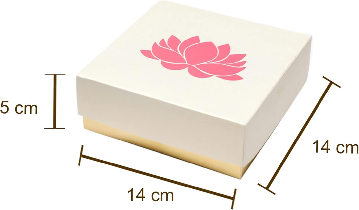 Lotus Printed White Sweet Boxes for Indian Sweets, Cookies, Goodies, Mithai, Candy, Gift Boxes with Lids Bulk, Handmade Bulk Mithai Box, Favor Boxes for Wedding, 2.95x5.51 Inch (Pack of 4)