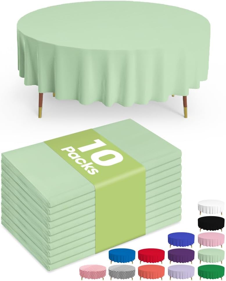 Pureegg Plastic Table Cloth Disposable 10 Pack, 84'' Round Table Cloths, Easter Party, Decorative Tablecloths, Round, Light, Pastel Plastic Cover, Leakproof & Sturdy, Sage Green