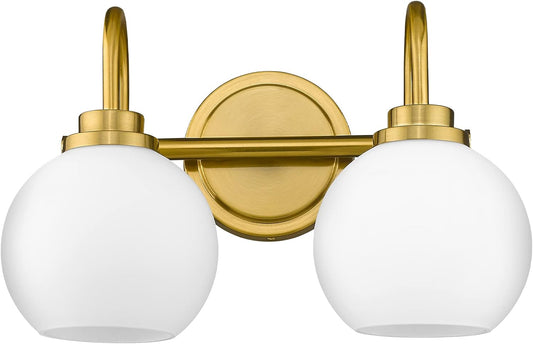 Gold Bathroom Vanity Light Fixtures, 2 Light Modern Over Mirror with White Milk White Globe Glass Shade