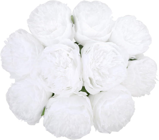 U'Artlines Artificial Peony Silk Flower with Stems 10pcs Real Look Vintage Peonies for Home Wedding Decoration(Pure White)