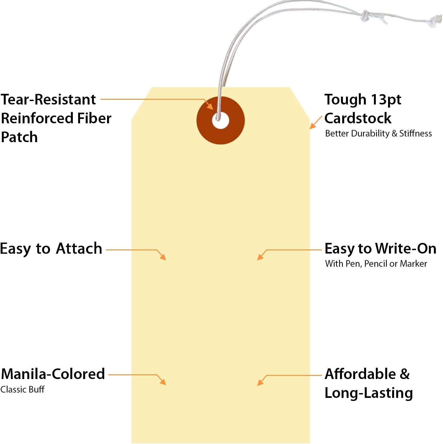 SmartSign Blank Manila Shipping Tags with Elastic Strings - Pack of 100, Size-5, 13pt Thick Pre-Strung Cardstock Tag, 4.75 x 2.375 inch, Paper Hang Tags with Reinforced Fiber Patch, Made in USA