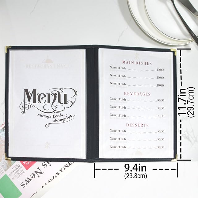 Goodsmart Restaurant Menu Covers - 25 Pack Black 8.5" x 11", 2-Page/4-View, Side-Loading Vinyl Menu Holders, Clear Sleeves, Double-Stitched Edge, Leather-Style Café Covers with Gold Corners