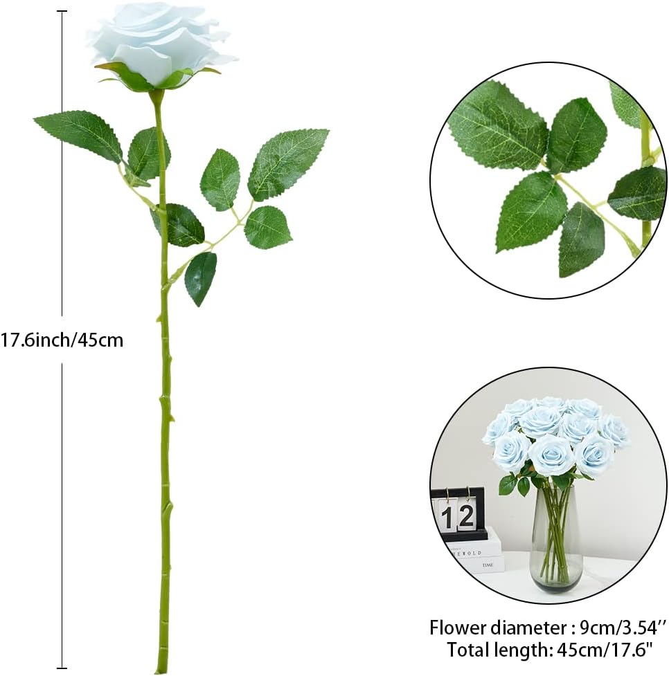 Artificial Rose 10pcs Ice Blue Open Flower Bouquet Faux Rose Stems for Wedding Arrangement, Bridal Bouquet, Centerpiece, Fake Faux Silk Flowers (Ice Blue)