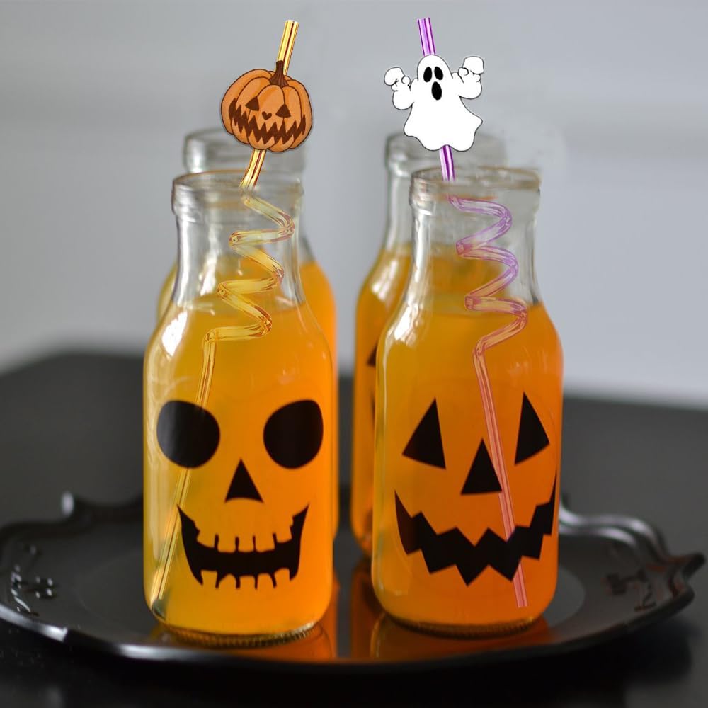 24 Pcs Halloween Party Favors - Reusable Plastic Crazy Straws with Bats, Pumpkin, Witch, Ghost Designs & 2 Cleaning Brushes