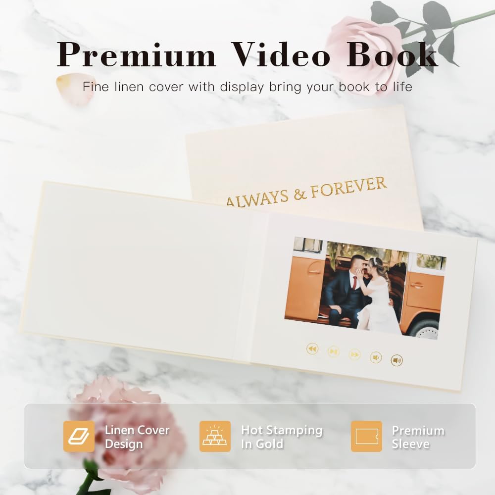 ALWAYS & FOREVER - GOLD FOIL Luxury Linen Bound wedding Video Book wedding Video Album Up to 3 hours of video, 7” IPS Display, 4GB of memory & Rechargeable Battery (ALWAYS & FOREVER)