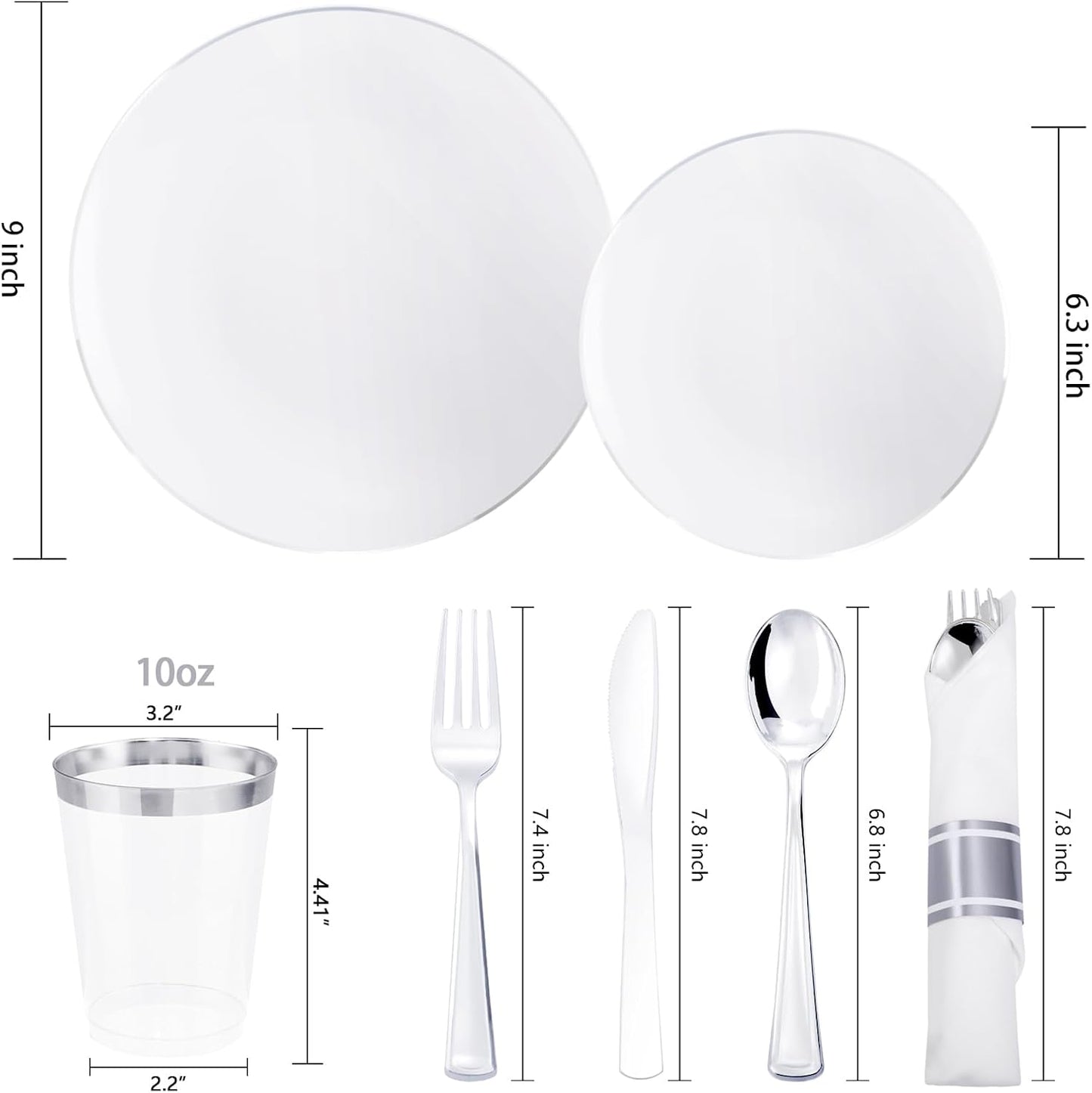 KIRE 350 PCS Plastic Dinnerware Set for 50 Guests, Silver Plastic Plates Include 50 Dinner, 50 Dessert Plates, 50 Pre Rolled Napkins with Silverware, 50 Cups for Wedding, Party, Banqet, Gathering