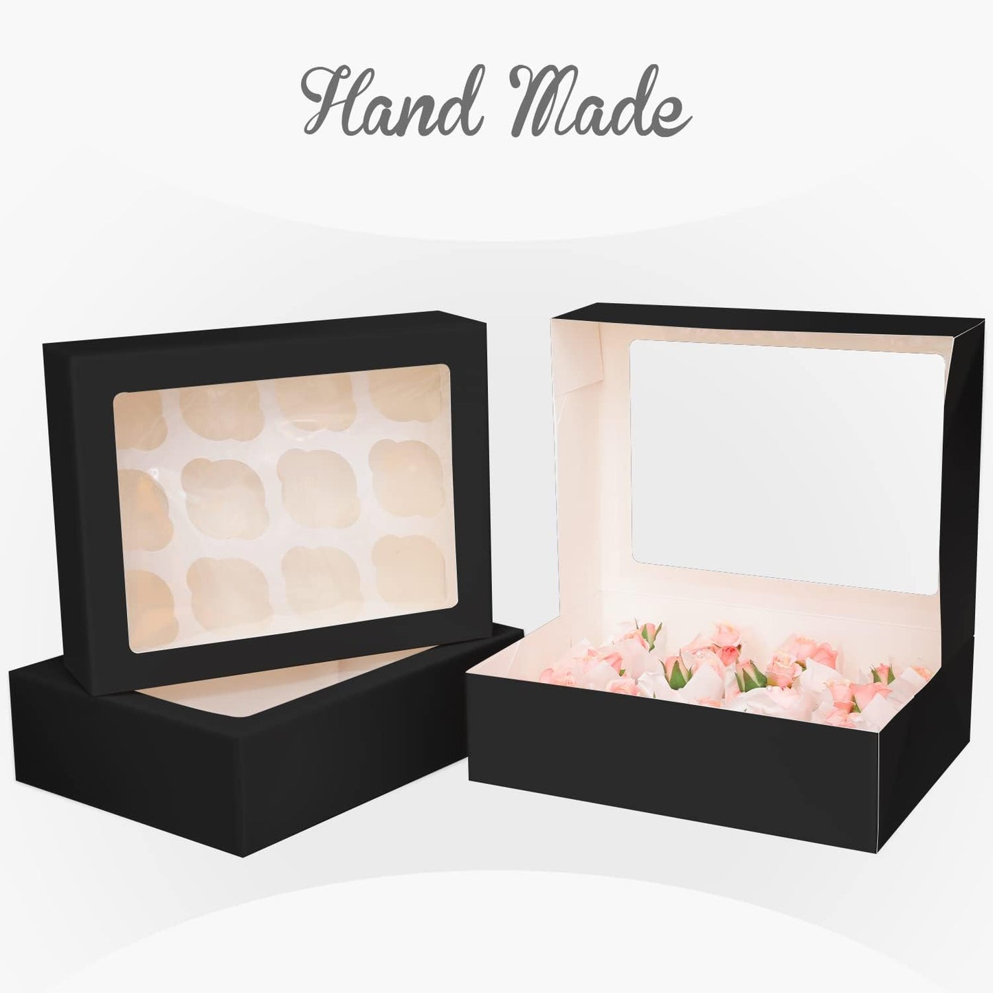 Bakepacker Auto-pop up 12 Cupcake Containers 6-Packs Black Cupcakes Carrier, 12 Cupcake Boxes with Window 13"x10"x3.5"