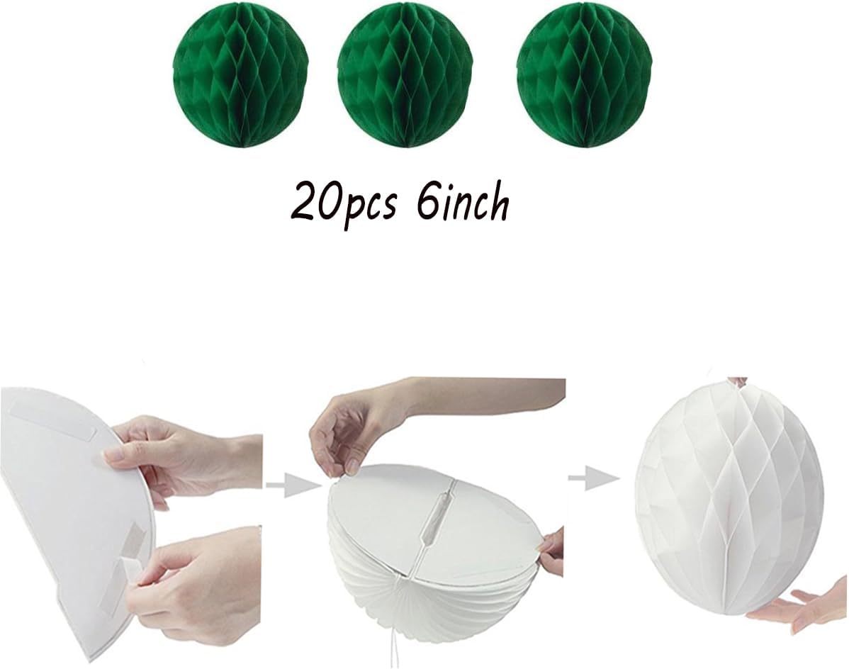 20pcs Honeycomb Decoration Paper Flower Balls Tissue Paper Pom Poms for Birthday Wedding Home Decor (6inch, Dark Green)