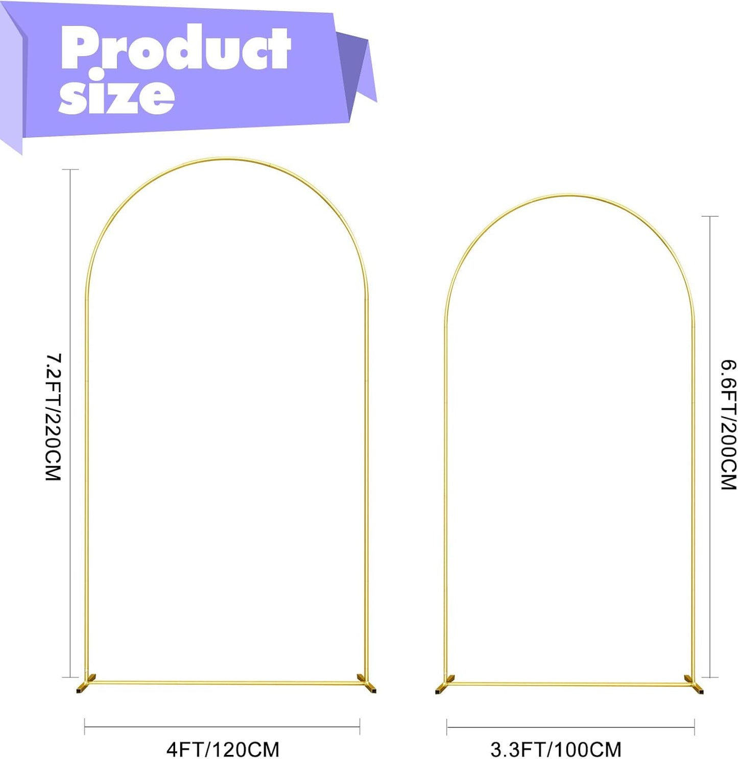 Wedding Arch Backdrop Stand Set of 2 Aluminum Gold Arched Frame (7.2FT, 6.6FT) for Birthday Party Bridal Baby Shower Ceremony Decoration