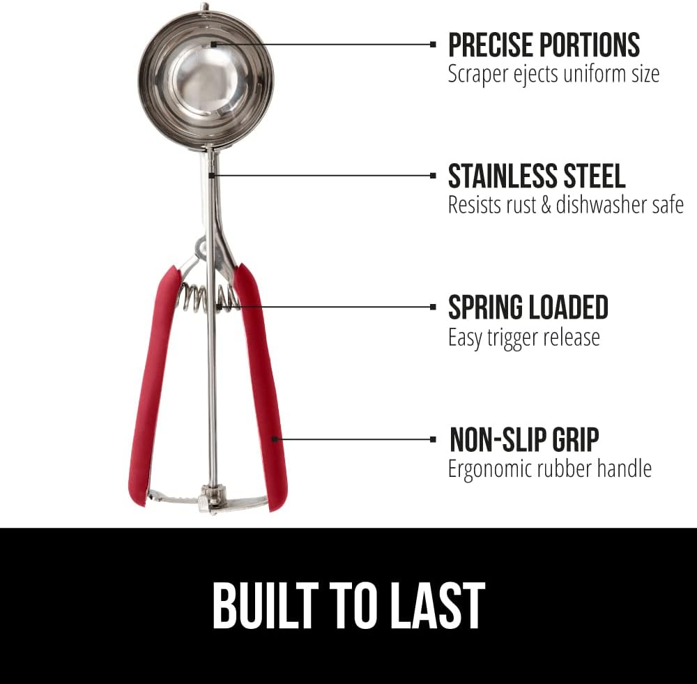 GORILLA GRIP Stainless Steel Cookie Scoop for Baking, 2 TSP, Multipurpose Melon Baller, Meatball Spring Scoops, Perfect Portion Sizes, Easy Food Release, Scooper Size 100, BPA-Free Kitchen Tool, Red
