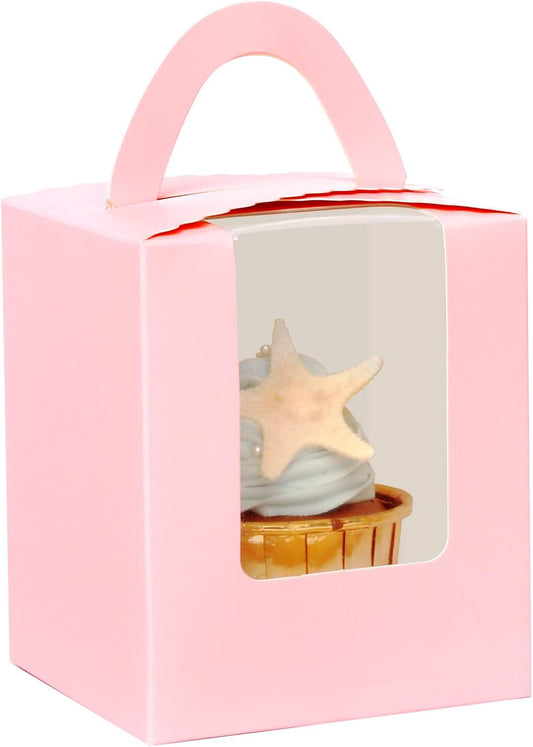qiqee Pink Cupcake Boxes Individual 100 Packs Cupcake Holders Disposable Single Cupcake Boxes with Window 3.6" 3.6"*4.3" Cupcake Containers
