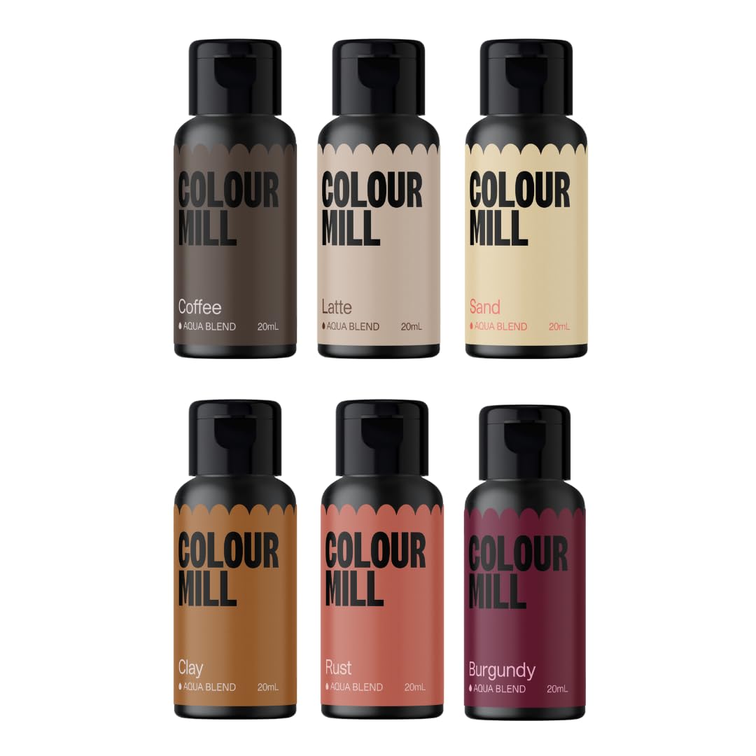 Colour Mill Outback Pack Aqua Blend Water-Based Food Coloring, 20 Milliliters Each of 6 Colors: Burgundy, Clay, Coffee, Latte, Rust and Sand