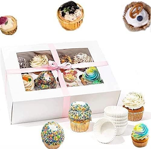 Rarapop 15 Pack Cupcake Boxes Hold 12 Standard Cupcakes, Food Grade Cupcake Holders Bakery Carrier Boxes with Windows and Inserts for Cupcakes, Muffins and Pastries