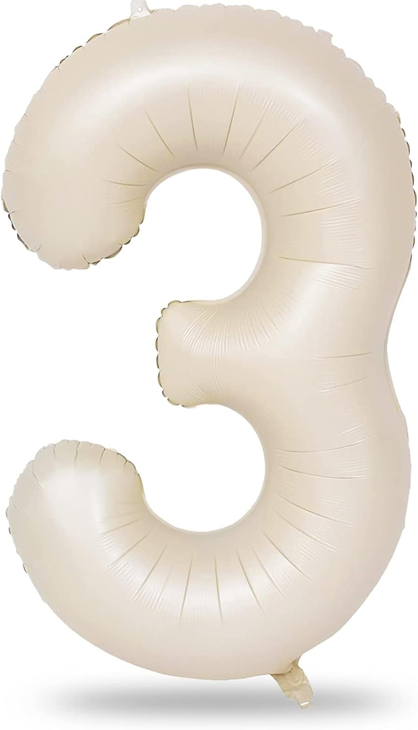 40 Inch Beige Large Numbers Balloons 3, Self Inflating Ivory White Digit 3 Helium Balloons for 3rd Girls, Cream Foil Mylar Number Balloons 0-9 for Women Birthday Party Anniversary Supplies Decorations