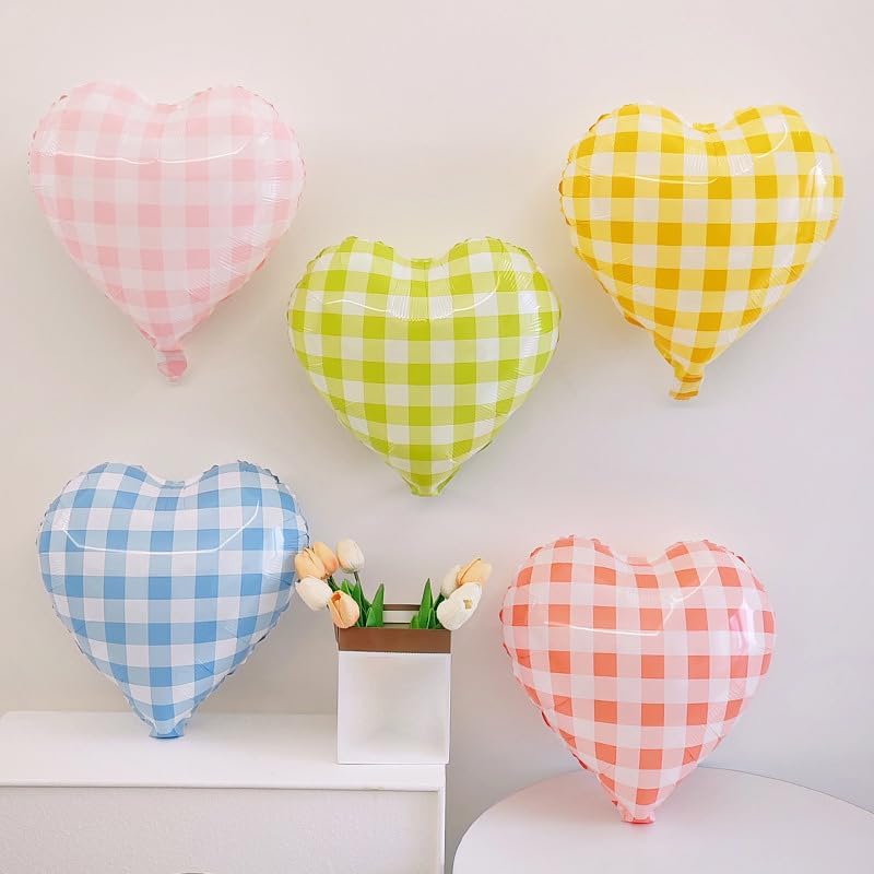 Pink Blue Checkered Heart Balloons,12Pcs 18Inch Blue Pink Grid Heart Shaped Foil Helium Polyester Film Balloons for One Silly Goose Birthday Baby Shower Party Decorations