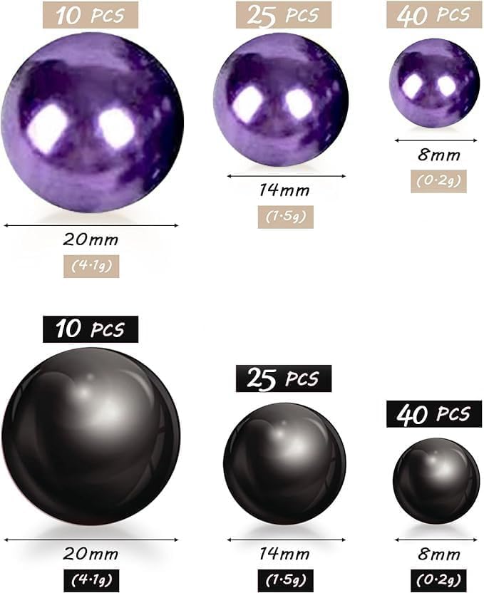 150Pcs Black&Dark Purple Polished No Hole Faux Pearl Beads for Vase Filling Decorations, Plastic Pearls Vase Fillers, Table Scatters, Wedding Centerpiece, Home Decor, 8/14/20 mm