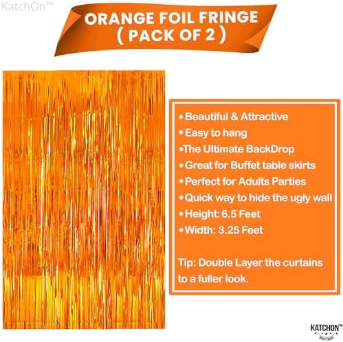 KatchOn, Orange Streamers - Pack of 2 | Orange Fringe Backdrop, Basketball Party Decorations | Tinsel Backdrop for Birthday, BabyShower, Bachelorette, Anniversary, Thanksgiving, Halloween Decorations