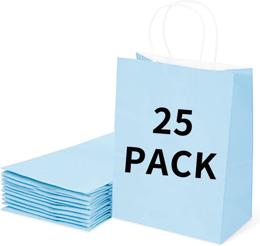 BAG BOX 25 Pack Small 5.9x3.1x8.25 Inch Blue Kraft Paper Gift Bags with Handles for Bulk Shopping, Retail, Craft, Party Favors, Wedding, Grocery & Sacks