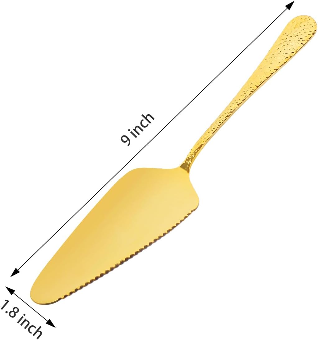 Stainless Steel Cake Server Pack of 10 Hammered Pie Holder Transfer Triangular Spade Spatula Serrated Edge for Pizza Cake Baking Safe in Dishwasher (Gold)