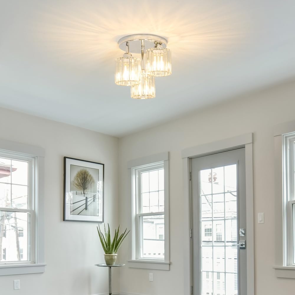 Crystal Ceiling Light Fixture, Chrome Semi Flush Mount Ceiling Light Fixture, 3-Light Hallway Lighting with Clear Crystal Shades for Kitchen Entryway Bedroom Bathroom Foyer, E26